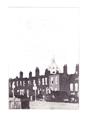 Aquatint etching of Rathmines, Dublin including the dome of Mary Immaculate church