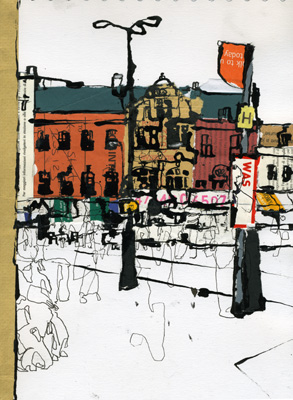 Ink and collage drawing of Cambridge Market from St. Mary's Street