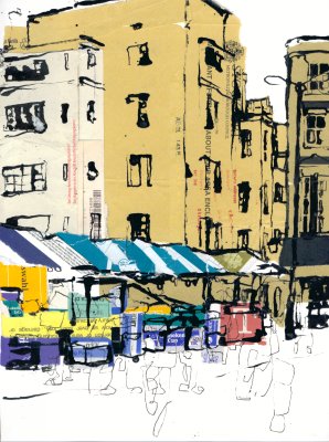 Ink and collage drawing of Cambridge Market