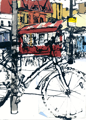 Ink and collage drawing of Cambridge Market