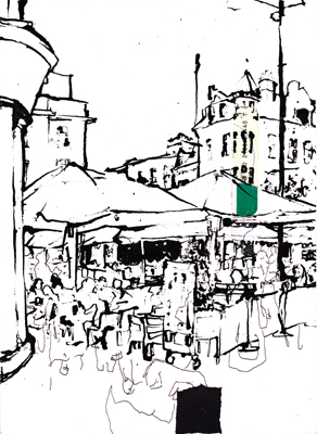 Ink and collage drawing of Don Pasquale and Cambridge Market