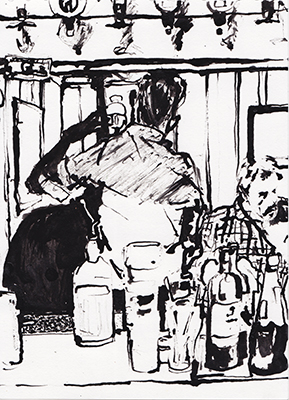 Ink drawing of a bluegrass session made in the Six Bells pub, Cambridge