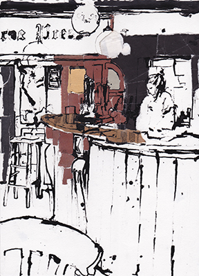 Ink and colllage drawing made in The Free Press pub, Cambridge