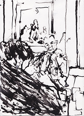 Ink drawing of a trad music session made in The Six Bells pub, Cambridge