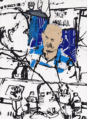 Ink and collage drawing of George at the Just Greek Gyros stall in Cambridge market