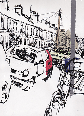 Ink and collage drawing made on Hemingford Road, Cambridge