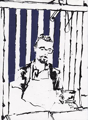 Ink and collage drawing of Leigh at the fish stall in Cambridge market