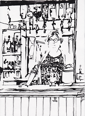 Ink drawing of the landlady Eileen O'Brien made in The Six Bells pub, Cambridge