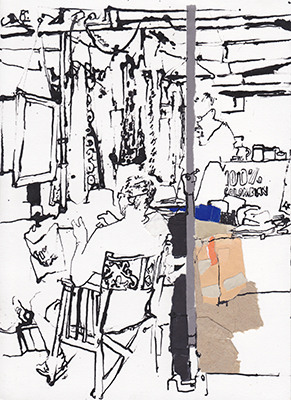 Ink and collage drawing of Ian at the hat stall in Cambridge market