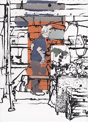 Ink and collage drawing of Kevin at the veg stall in Cambridge market