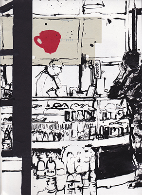 Collage drawing of Freerico in the Mercado da Ribeira market café, Lisbon