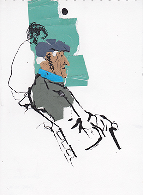 Ink and collage drawing of an old man made at Largo da Graça, Lisbon 