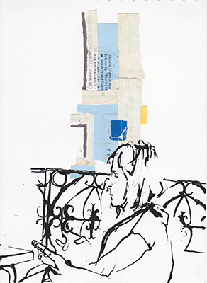 Ink and collage drawing of a woman at the Quiosue Refresco, Praça Luís de Camões, Lisbon 