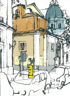 Ink and collage drawing of Parroquia de San Sebastián. made on Calle de Atocha, Madrid