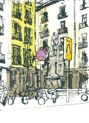 Ink and colalge drawing made in Plaza de la Provincia, Madrid