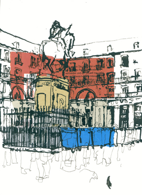 Ink and collage drawing made in Plaza Mayor, Madrid