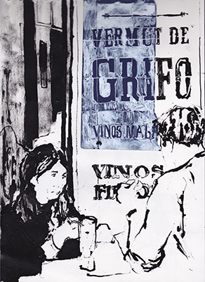 Ink and collage drawing made at Casa Lola tapas bar, Malaga