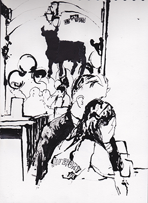 Ink and collage drawing made at Taberna El Mentidero bar, Malaga