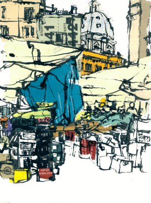 Ink and collage drawing made at Campo de' Fiori market, Rome