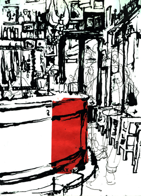 Ink and collage drawing made in Bar Las Teresas, Seville