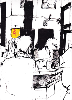 Ink and and collage drawing made in the bar at the corner of Calle Calderón de la Barca, Seville