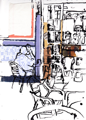 Ink and collage drawing made outside Bar Zubarán, Seville