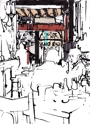 In and collage drawing made in Bodegas Diaz Salazar bar, Seville