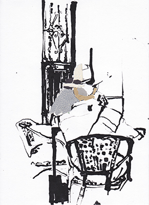 Ink and collage drawing made in Plaza Alfalfa, Seville