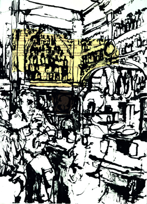 Ink and collage drawing made in Casa Morales bar, Seville