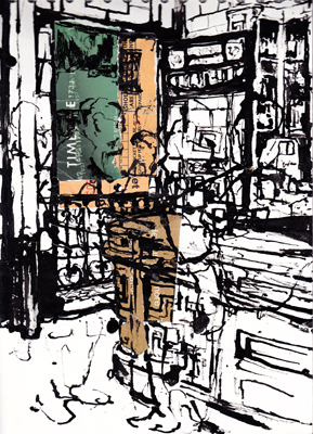 Ink and collage drawing made in Bar El Rinconcillo, Seville