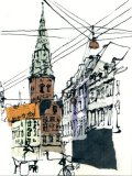 Ink and collage drawings made on location in Copenhagen, Christiansand, Innsbruck, Budapest, Lucenec and Prague